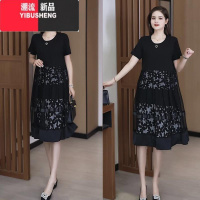 YIBUSHENG小个子短袖连衣裙大码女装季新款洋气中年妈妈装宽松遮肚子裙子
