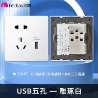 飞雕(FEIDIAO)开关插座暗装86型家用墙壁开关插座 大阪钢支架 雕琢拉丝优雅白系列 拉丝白五孔带一位USB