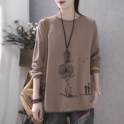 语娄文艺复古大码女装长袖棉t恤女春秋季新款宽松上衣印花打底衫2021大码女装
