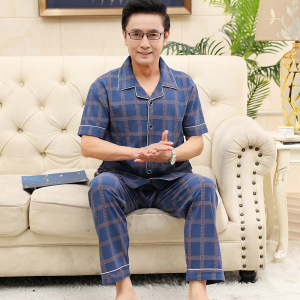 新款睡衣男夏季短袖长裤开衫翻领家居服中老年爸爸可外穿宽松套装