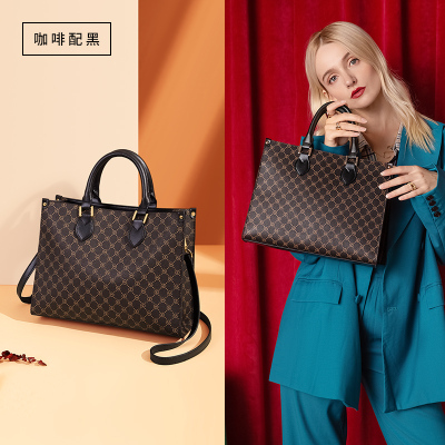 高尔夫GOLF手提包女包复古老花托特包大容量单肩包潮斜挎包女咖啡配黑