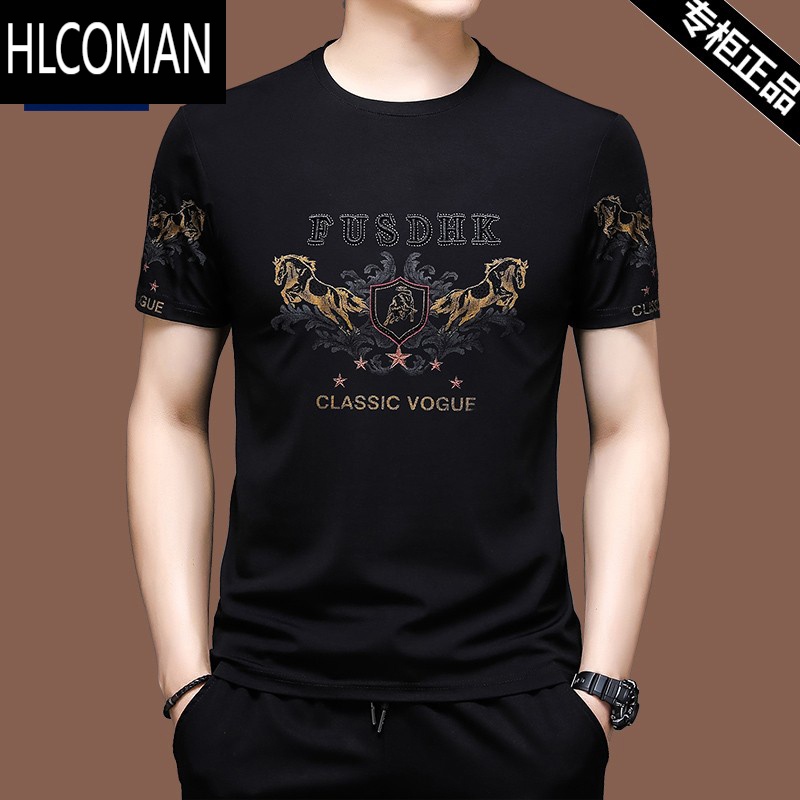 HLCOMAN高端款短袖t恤男士冰丝半袖夏装卫衣丝光棉刺绣宽松中年上衣服潮