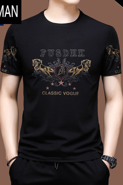 HLCOMAN高端款短袖t恤男士冰丝半袖夏装卫衣丝光棉刺绣宽松中年上衣服潮