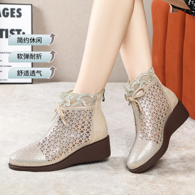 2026春夏款镂空坡跟复古烫钻女凉靴厚底圆头透气洞洞靴时尚女凉鞋_746