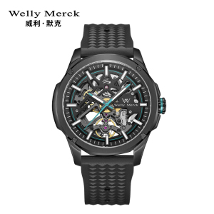 welly merck威利默克手表男新款自动机械表品牌正品防水时尚男表大表盘镂空黑迷宫腕表WM70M