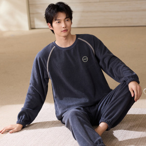 冬季珊瑚绒睡衣男加热保暖家居服套装可外穿圆领套头