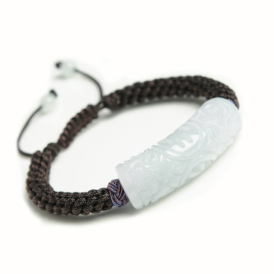 帛兰梓韵天然翡翠手链特色编织可伸缩男士玉石手链缅甸糯种翡翠开口式咖啡色民族风手链翡翠
