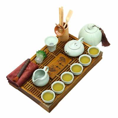 常生源功夫茶具套装仿宋汝窑开片柯木实木茶盘茶壶茶杯茶具茶叶罐整套双鱼如意汝窑套装