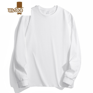 YANXU长袖t恤男280g圆领宽松咖啡色落肩体恤复古打底衫秋季款