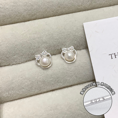 纯银天然珍珠蝴蝶结小熊耳钉轻奢高级感甜美耳环女养耳洞配饰送女朋友老婆情人节七夕生日礼物