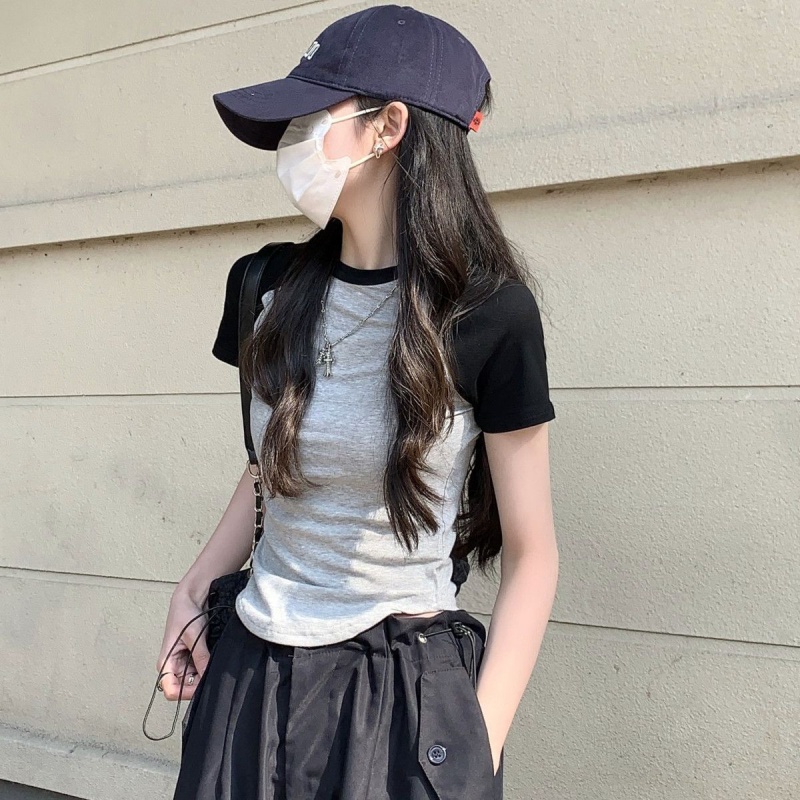 不规则插肩袖T恤女夏季新款短款修身显瘦短袖设计感学生上衣