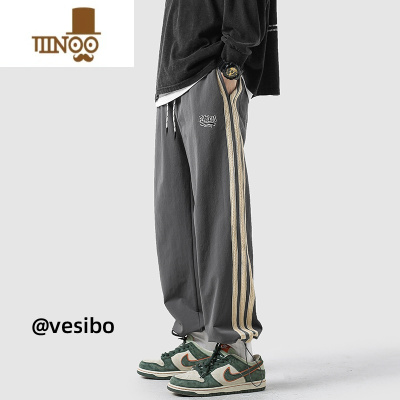 YANXU裤子男秋季新款潮牌宽松条纹抽绳束脚卫裤美式黑色百搭休闲运动裤