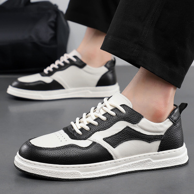 头层牛皮鞋小众百搭男士休闲熊猫鞋韩版潮小白鞋软底个性厚底男板