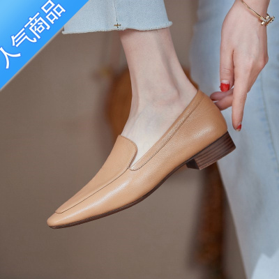 SUNTEK软底乐福鞋一脚蹬女鞋低跟2023春秋新款软皮方头小皮鞋女平底单鞋