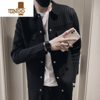 YANXU男士翻领秋装条纹针织衫2023年新款青年痞帅潮牌修身时尚休闲套装