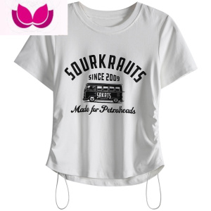 七斓抽绳设计感美式复古印花正肩T恤女夏季修身显瘦短袖辣妹上衣ins潮