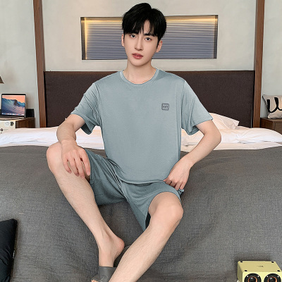睡衣男夏季加肥加大码螺纹冰丝短袖短裤年轻简约大方家居服可外穿_1