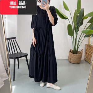 YIBUSHENG2024新款棉绸连衣裙女士季时尚收腰显瘦圆领长裙人造棉印花裙子