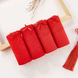 女士内裤本命年鸿运结婚棉中高腰蕾丝三角短裤