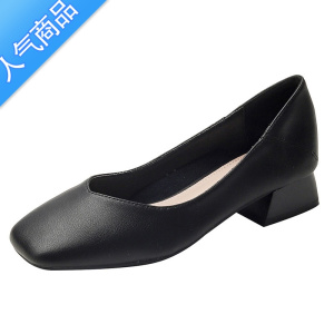 SUNTEK舒适中跟单鞋女2023春季新款粗跟浅口纯色不累脚工作高跟鞋女