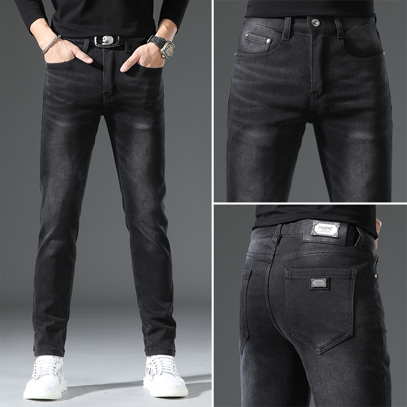 高端潮牌黑灰色牛仔裤男款新款秋冬季弹力修身小脚休闲长裤子