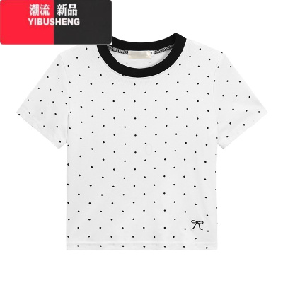 YIBUSHENG白色波点正肩短袖T恤女季2024新款甜辣设计感修身显瘦短款上衣