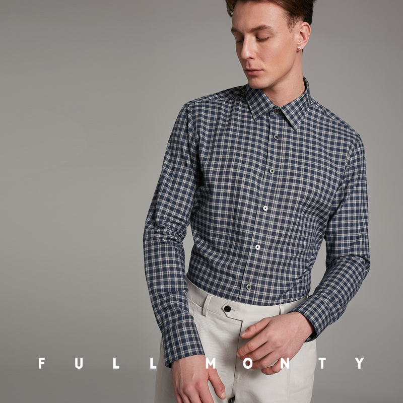 格纹磨毛纯棉长袖衬衫标准领商务休闲修身职业正装衬衣CYMMFULL