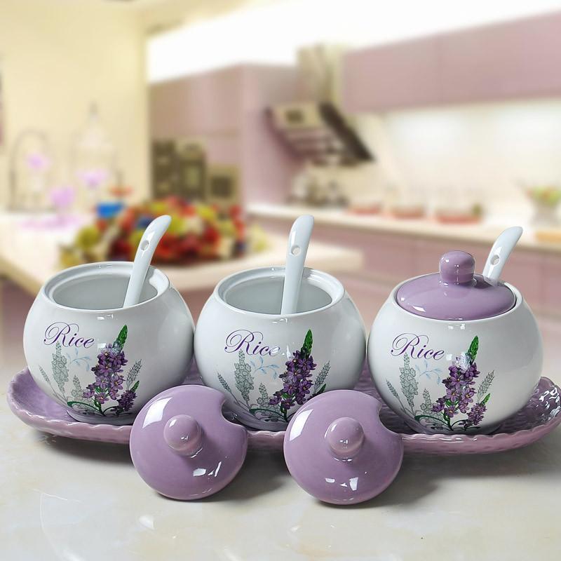 陶瓷韩式厨房用品多功能调味料罐瓶套装调料盒放糖盐罐子-薰衣草全套+勺子+底盘
