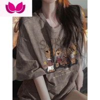 七斓美式棕色短袖T恤女夏季2023新款设计感小众炸街大版宽松上衣