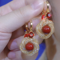 红色水晶珠珠网纱耳环2025年新款轻奢小众高级感耳扣夸张耳饰送女朋友老婆情人节七夕生日礼物