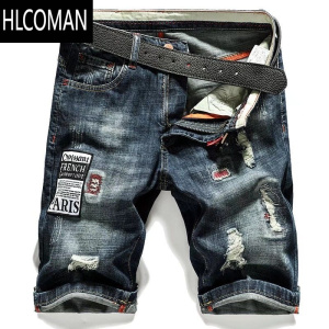 HLCOMAN夏季大码牛仔短裤男薄款中裤青年学生休闲五分裤破洞修身直筒马裤