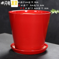 三维工匠陶瓷花盆简约绿萝白色桌面透气花盆带陶瓷托盘 101大红(配陶瓷托盘) 中等花盆容器