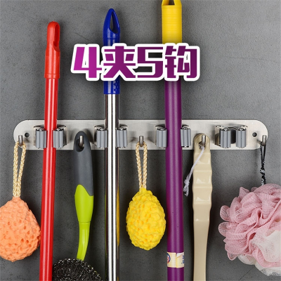 免打孔拖把挂钩挂拖把架扫把卡座拖把夹壁挂阳台卫生间4夹5钩-灰色-