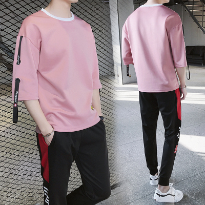 狮臣SHICHEN2020年春季新款男士休闲运动套装青少年七分袖卫衣男修身两件套男百搭卫衣套装男TZ420浅红M