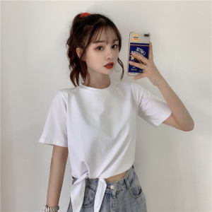 设计感打底衫女夏季新款韩版时尚高腰短款短袖纯色小心机T恤女装