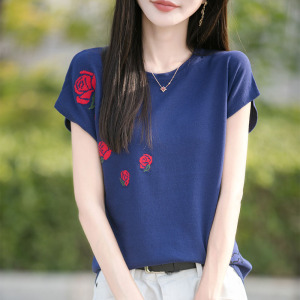 法式冰丝圆领玫瑰刺绣提花针织短袖T恤女夏季百搭薄款小飞袖上衣