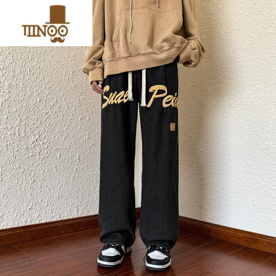 YANXU美式复古牛仔裤男生秋季潮牌hiphop裤子2023新款宽松直筒阔腿