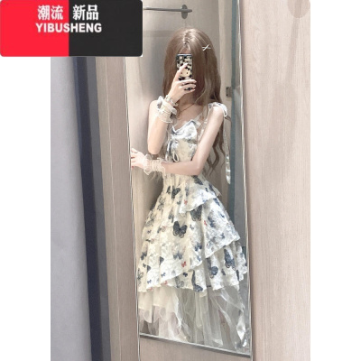 YIBUSHENG潮牌蝴蝶元素吊带连衣裙女季设计感不规则裙摆小个子收腰短裙子