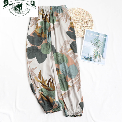 HLCOMAN收口人棉长裤睡裤女夏天棉棉绸防蚊裤束脚宽松透气家居裤外穿薄睡裤