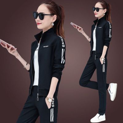 珂卡慕(KEKAMU)运动服套装女春新款时尚韩版跑步大码卫衣休闲三件套