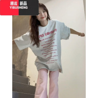 YIBUSHENG白灰色潮牌字母oversize短袖t恤女2024新款美式复古宽松圆领上衣