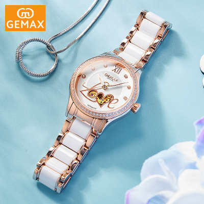 GEMAX/格玛仕专柜正品自动机械表女士时尚潮流休闲陶瓷女表法国轻奢防水表夜光镶钻女神love镂空表盘手表情人节礼物