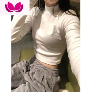 七斓半高领长袖t恤女内搭设计感辣妹纯欲短款打底衫纯色加绒上衣