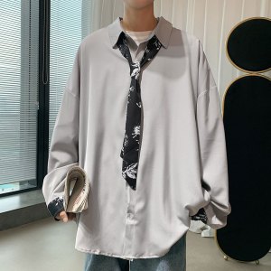 春夏季新款宽松长袖衬衫韩版帅气潮牌ins休闲领带衬衣青少年外穿