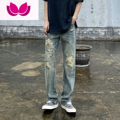 七斓秋季美式复古宽松破洞牛仔裤男女高街直筒拖地牛仔长裤潮ins