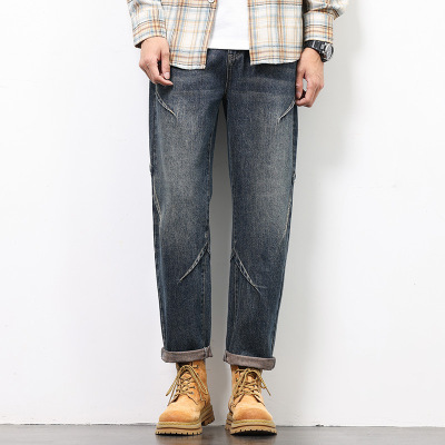 男士牛仔长裤春秋季美式复古宽松直筒潮男百搭阔腿老爹裤_378