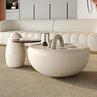 猫爪圆形茶几轻奢极简网红艺术钢化玻璃边几米白奶油风-2328