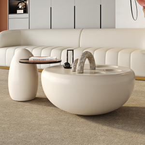 猫爪圆形茶几轻奢极简网红艺术钢化玻璃边几米白奶油风-2328