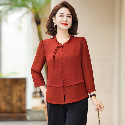 中老年妈妈上衣女装中年人小衫夏季薄款衣服气质婆婆装圆领套头衫