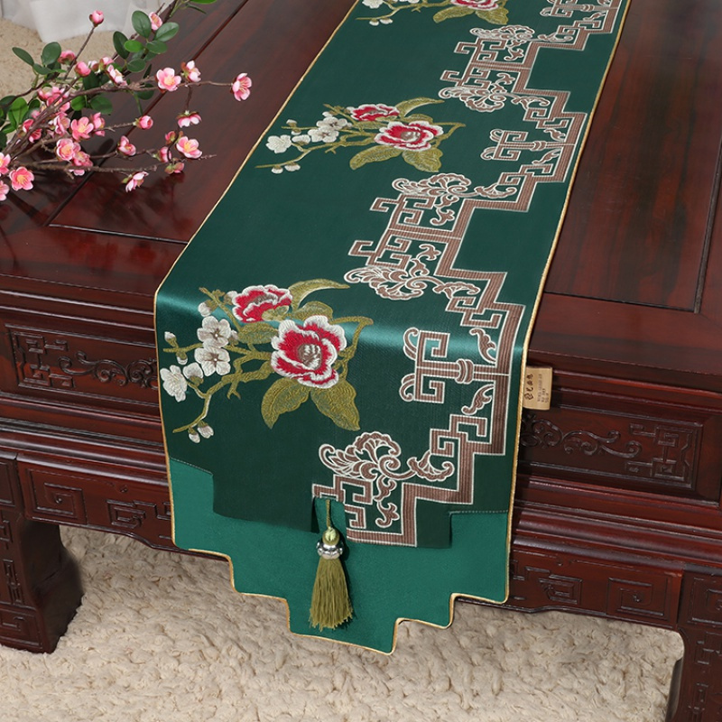 美帮汇新中式古典玉桌旗茶几长条布艺中国风桌布床柜旗电视柜盖布 绿牡丹阁 34*180适合桌长120-130CM